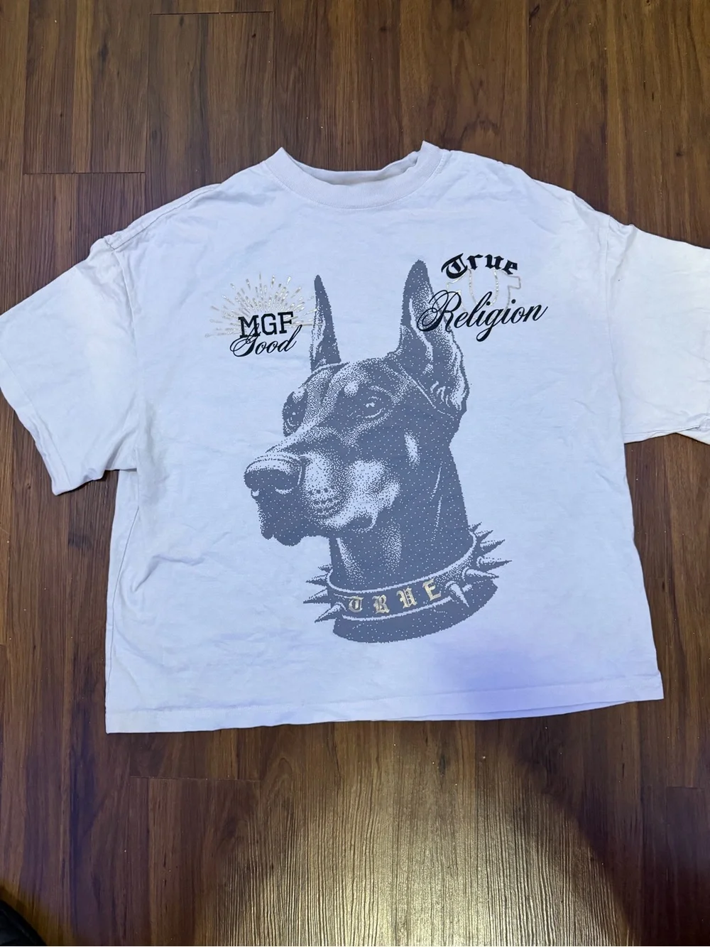 True Religion White Dog Graphic Tee with Doberman Print